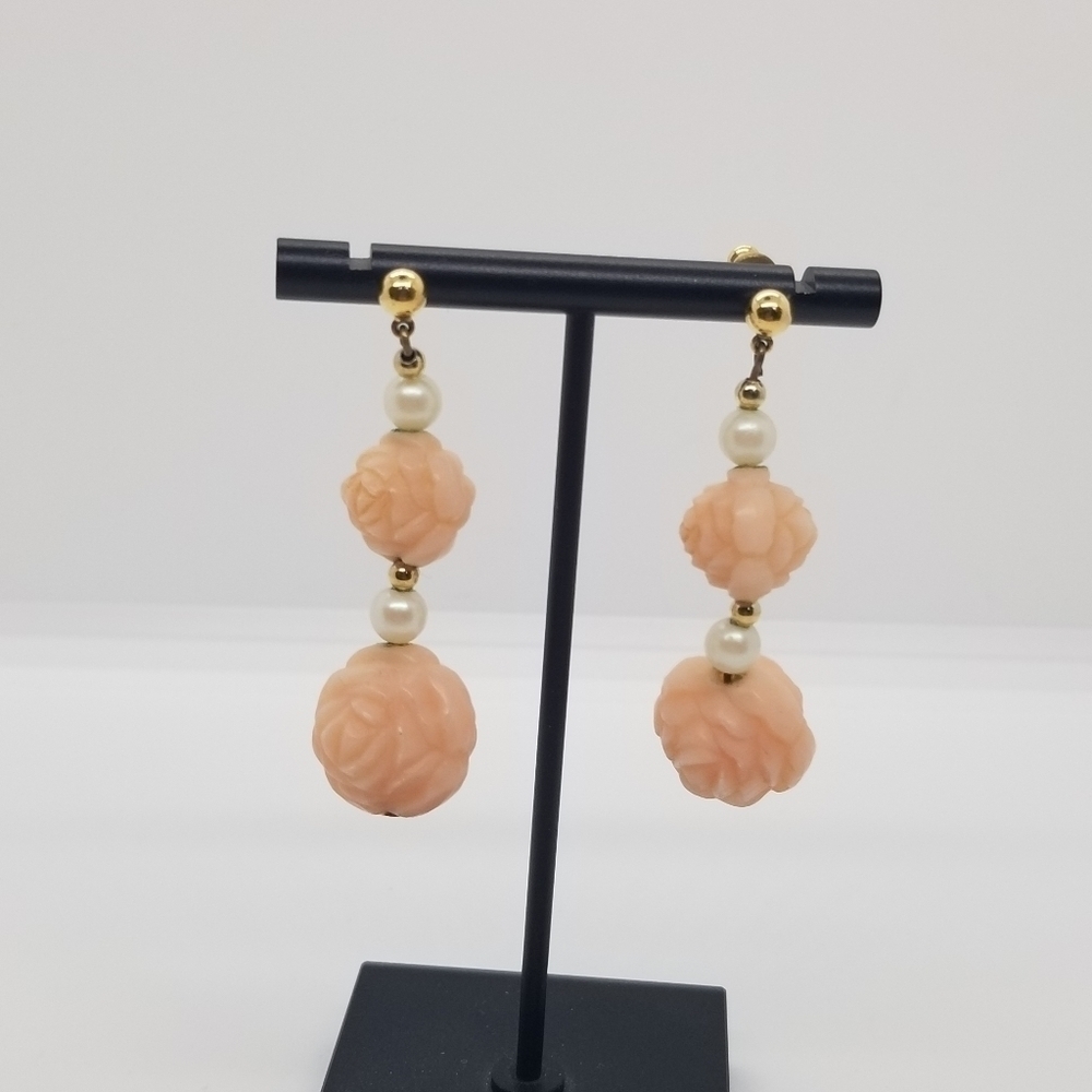 vintage pink rosette and white faux pearl drop earrings
